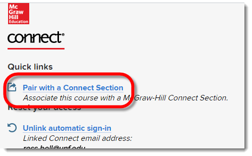 McGraw Hill Connect Quick Links with Pair with a Connect Section selected.