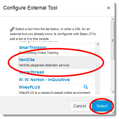 Configure External Tool screen with VeriCite circled on list.