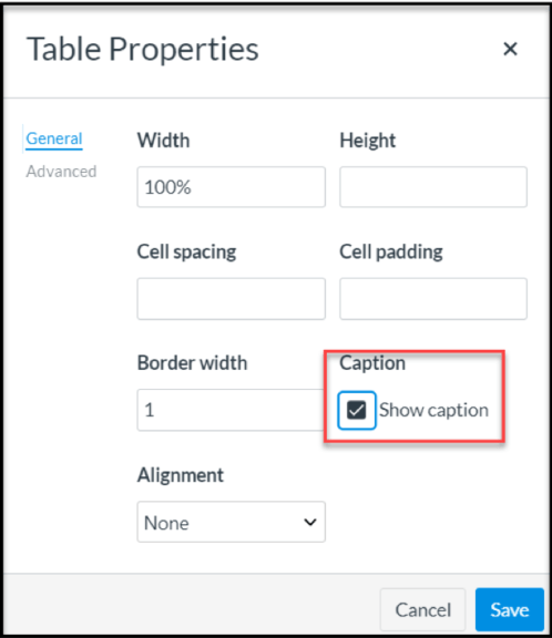 table properties with the show caption box checked