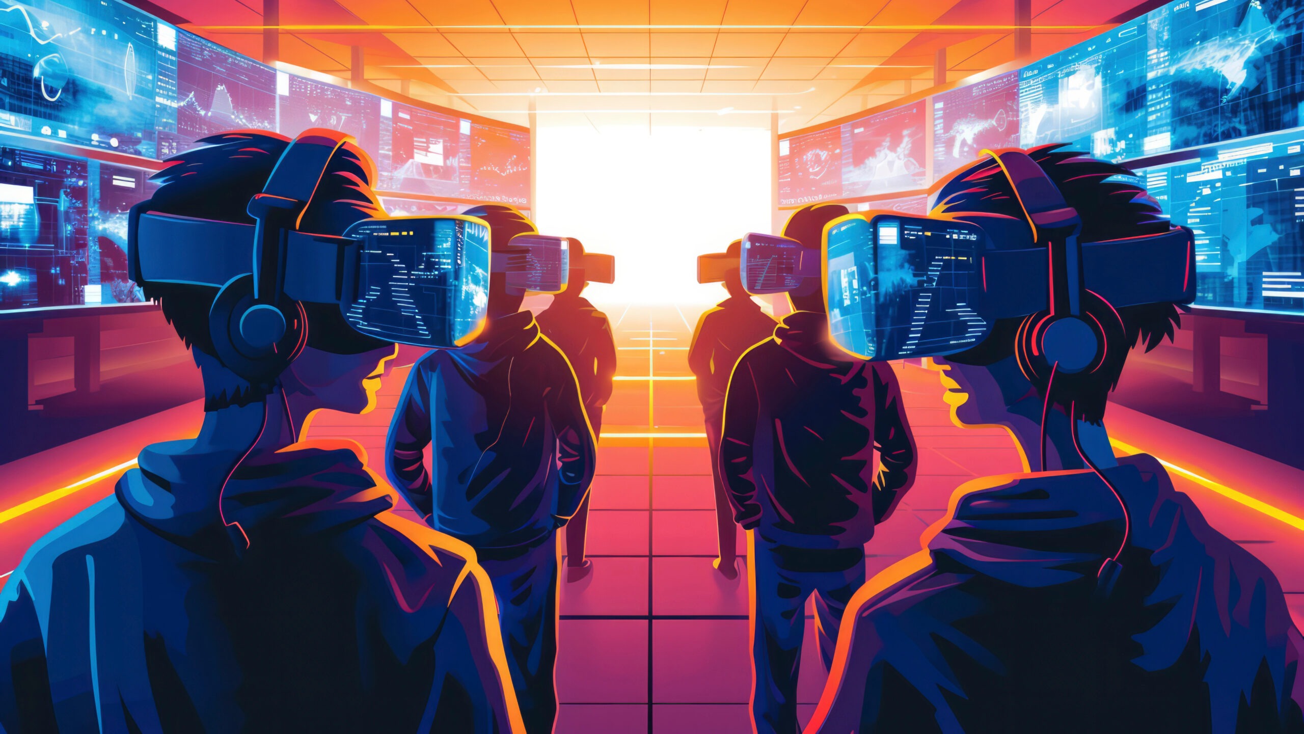VR creates immersive digital environments, often used in gaming,